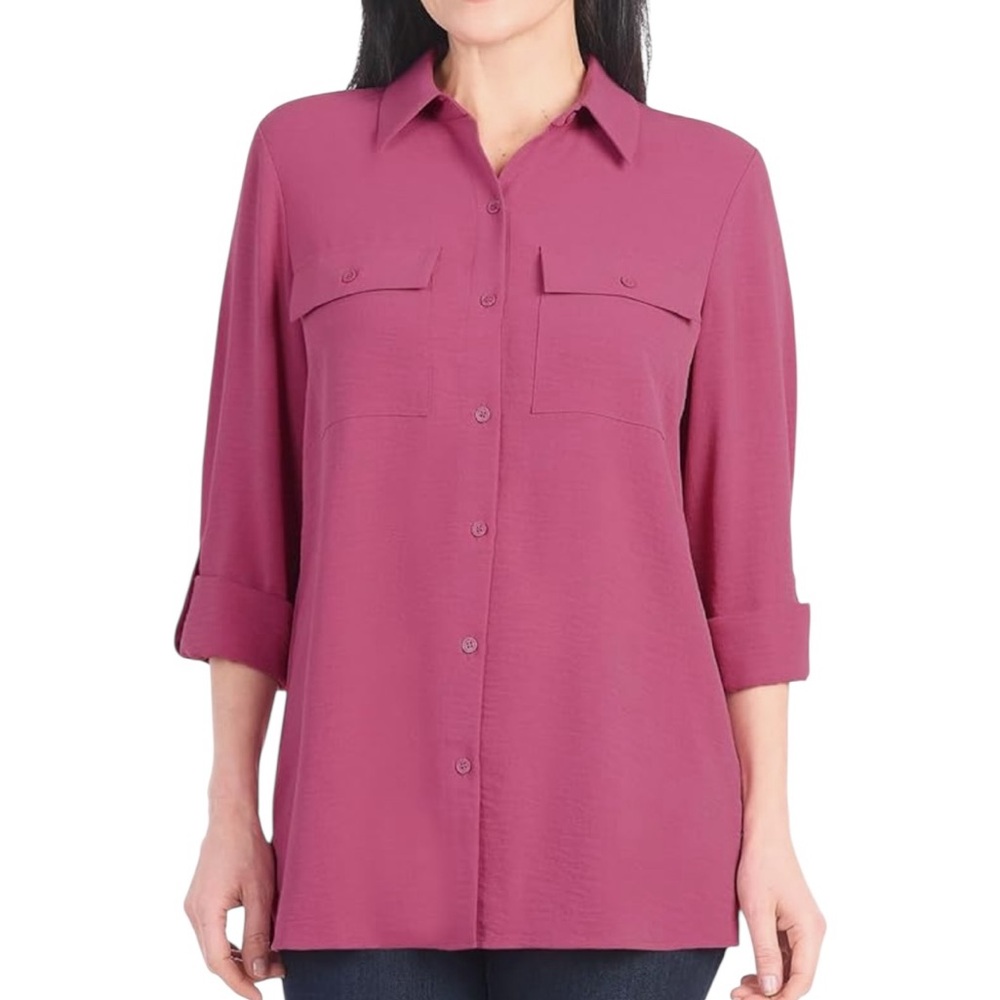 NEW Hilary Radley Roll Tab Sleeve Long Sleeve Button-Down Shirt Women's Medium